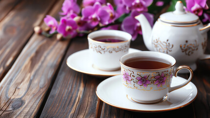 Luxurious orchid tea set on a rustic wooden table, vintage elegance