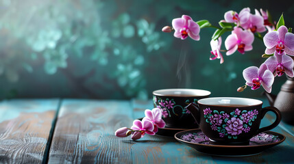 Luxurious orchid tea set on a rustic wooden table, vintage elegance