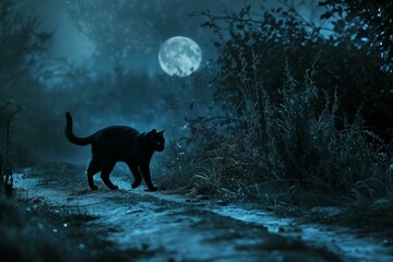 A black cat walking on a moonlit path at night, A sinister black cat crossing a moonlit path