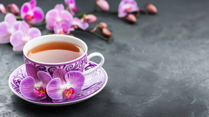 Handcrafted porcelain cup with orchid tea, artisanal and unique