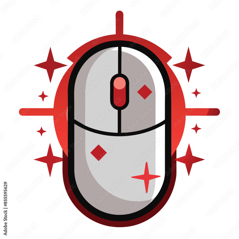 Poster image of stylized white computer mouse logo with red button, scroll wheel, outlined in black on red 