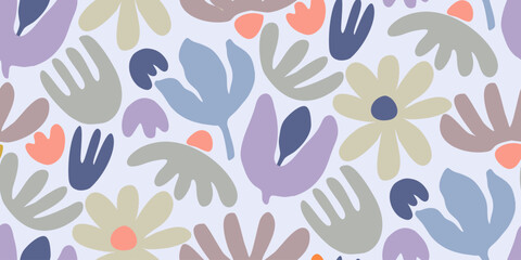 Vector summer seamless pattern with natural elements, flowers, leaves in modern trendy style.
