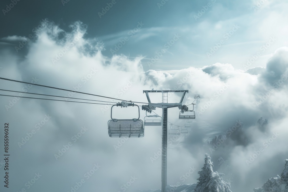 Sticker a ski lift ascends high into a sky blanketed with thick clouds, creating a surreal and unique scene,