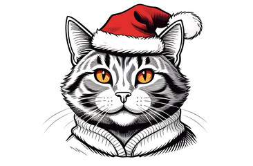 Cartoon illustration in black and white style, cute cat in a red Santa Claus hat on a white background, Christmas or New Year print with animals, design, decorative element, greeting cards