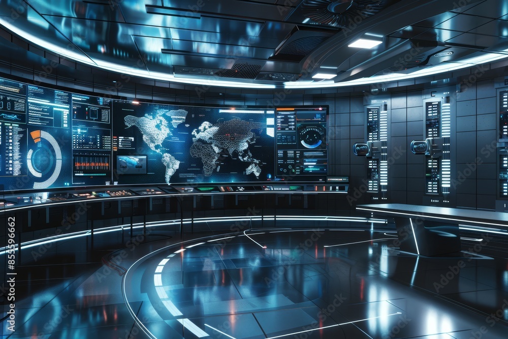 Poster a large room filled with numerous monitors displaying various data and information, a sleek and mode