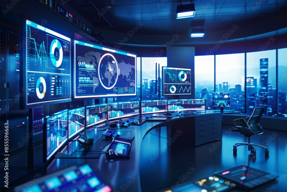 Poster a modern control room with numerous screens displaying various data and information, a sleek and mod