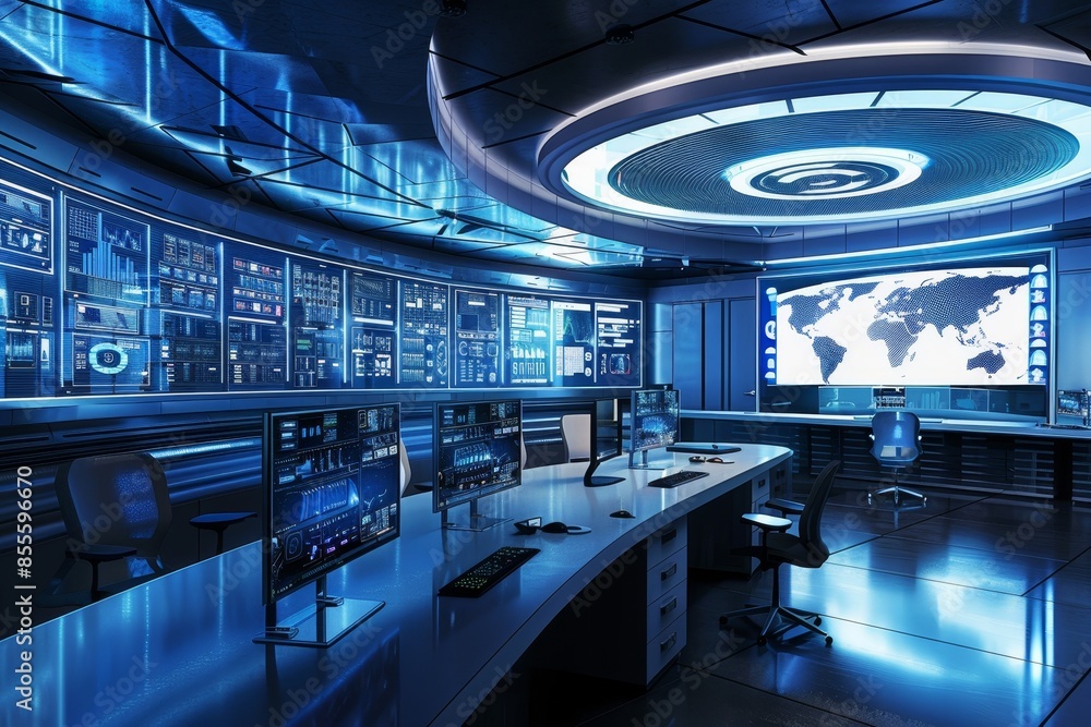 Poster a large, modern room filled with numerous monitors displaying data and visuals, a sleek and modern c