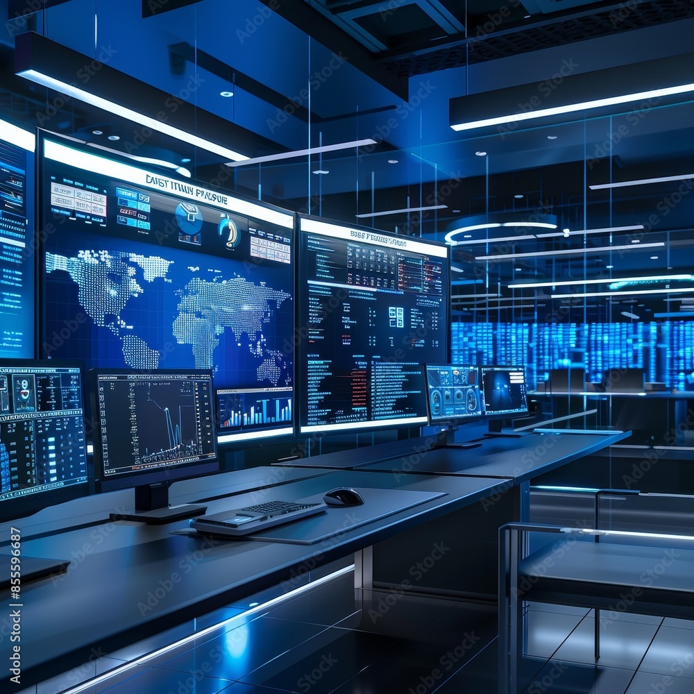 Poster control room filled with computer screens, a sleek and modern control room, filled with monitors dis