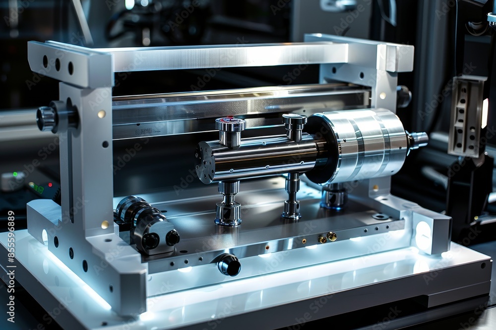 Poster a sleek and modern machine is placed on a table, showcasing its precision engineering and design, a 