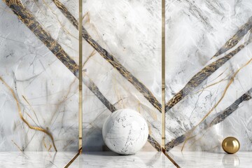 Modern marble wall adorned with gold accents, featuring a marble ball as a decorative element, A sleek and modern marble backdrop with a geometric design