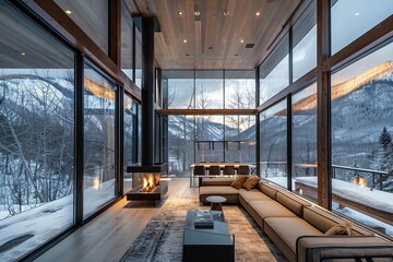 A fully furnished living room featuring various furniture pieces surrounding a fireplace, A sleek and modern mountain retreat with floor-to-ceiling windows