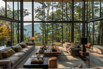 A modern living room filled with furniture and bathed in natural light from large windows, A sleek and modern mountain retreat with floor-to-ceiling windows