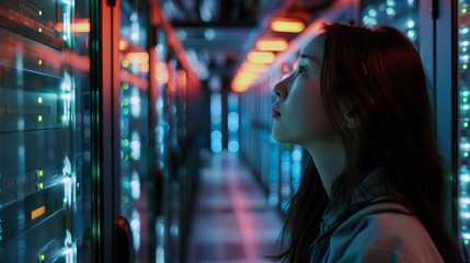 Female technician working in server room