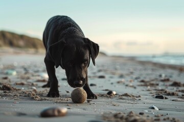 A black Labrador retriever plays joyfully with a ball on a sandy beach on a sunny day, A sleek black labrador playing fetch on a sandy beach