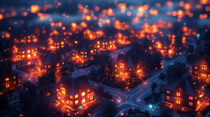 Fototapeta premium A cityscape with houses lit up in orange and yellow lights