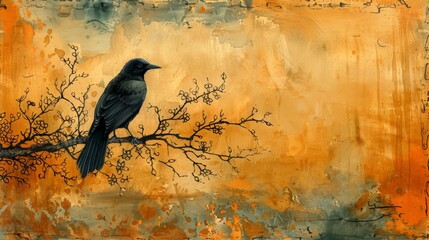 watercolor painting of Bird Silhouette perched on branch, copy space banner, vintage background