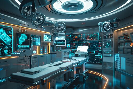 A room filled with cutting-edge electronic equipment and advanced technology, A sleek, futuristic operating room with advanced medical equipment and digital displays