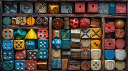 Fototapeta premium Collection of Colorful Wooden Dice in a Wooden Box