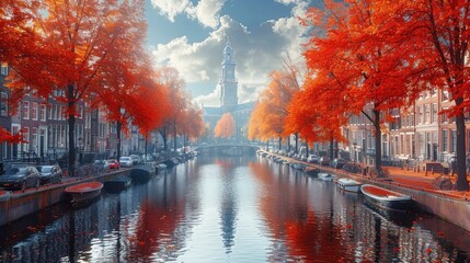 Naklejka premium Autumnal Canal Scene in Amsterdam