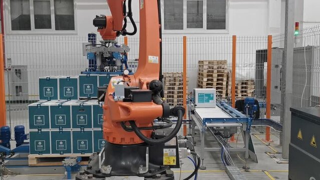  Robot palletizer orange KUKA robot kr180 stacks boxes on a pallet