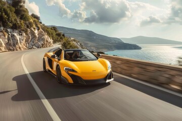 A yellow sports car speeds down a coastal road next to the ocean, A sleek sports car speeding down a winding coastal road