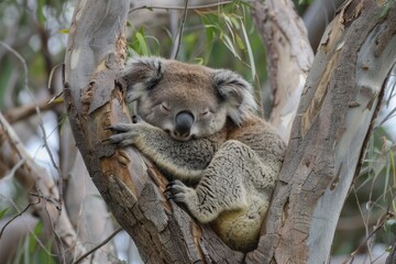 Obraz premium A koala with closed eyes sits in a tree, resting its head on a branch, A sleepy koala nestled in the crook of a tree