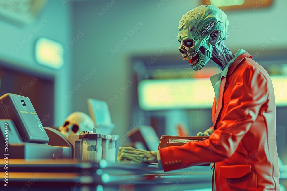 Poster a cartoon zombie in a red suit is sitting at a computer, typing on a keyboard