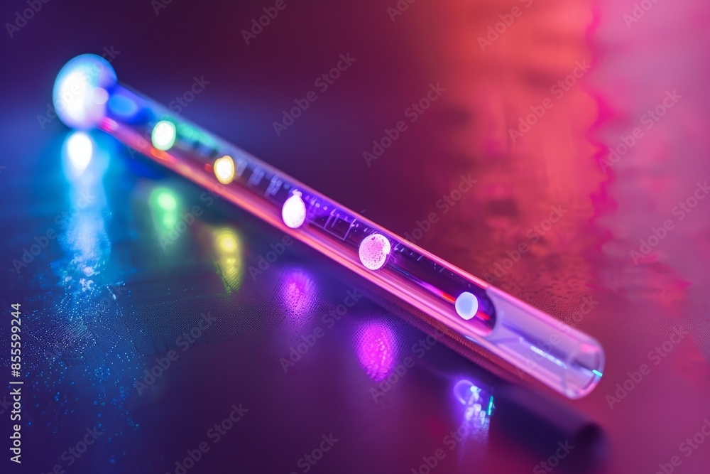 Poster detailed view of a color-changing light on a table, a small plastic stick with color-changing indica