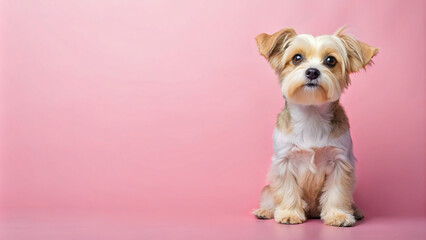 Lovely little dog sitting down on pink background studio lighting