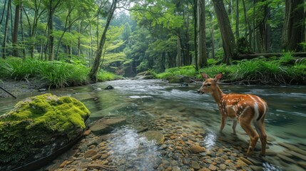 Fawn Standing in a Forest Stream