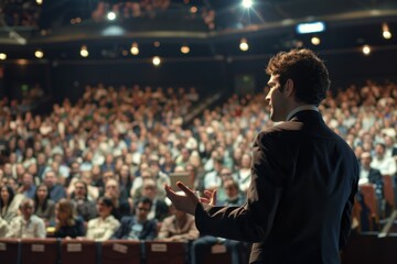 A man in business attire speaking to a group of people in an audience setting, A smartly dressed executive giving a presentation to a large audience