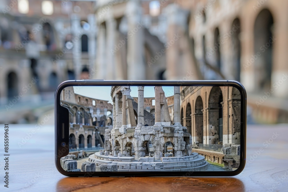 Poster detailed view of a cell phone resting on a table with a virtual reality field trip displayed on the 