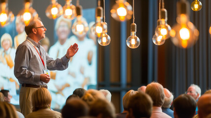 An enthusiastic speaker giving an inspirational talk at a conference with an image of lightbulbs over his audience's heads indicating ideas and innovation.