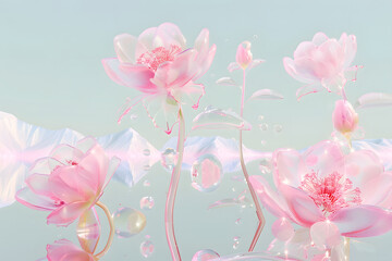 3D Rendering of a pastel pink and blue virtual floral fantasy background, glass flowers, wonderland, futuristic concept