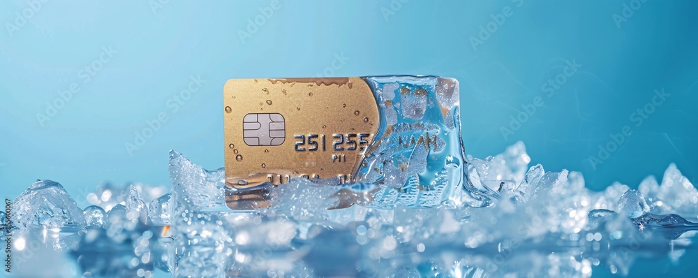 Poster in a minimalist composition, a credit card is encased in a solid block of ice, symbolizing the freez