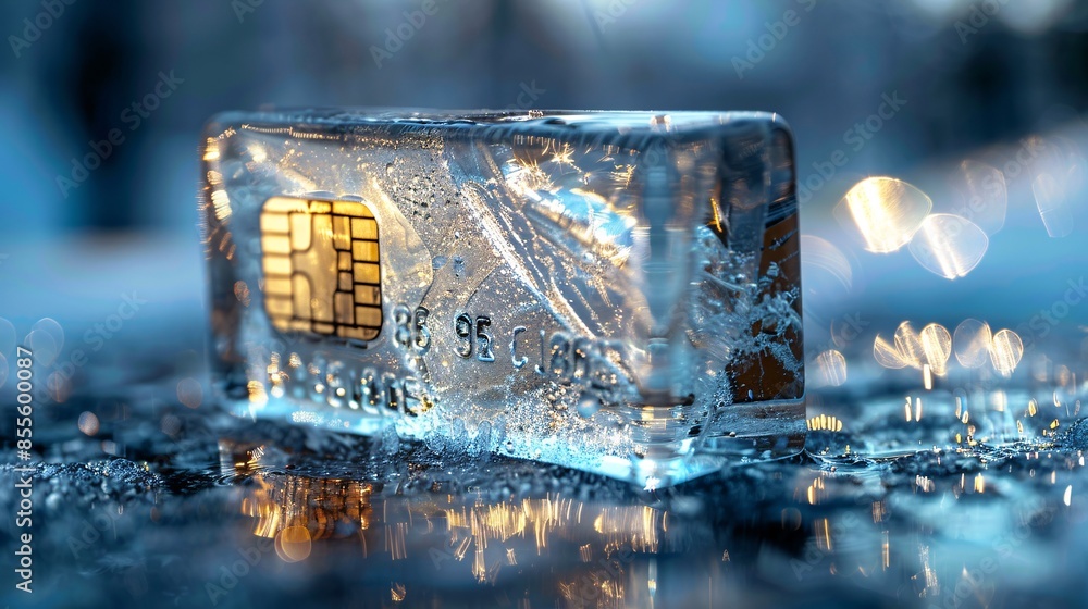 Poster a conceptual image of a credit card frozen within a transparent ice block, highlighting the metaphor