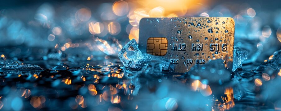 In a minimalist composition, a credit card is encased in a solid block of ice, symbolizing the freezing of assets and financial insolvency, with plenty of copy space for customizable messaging.