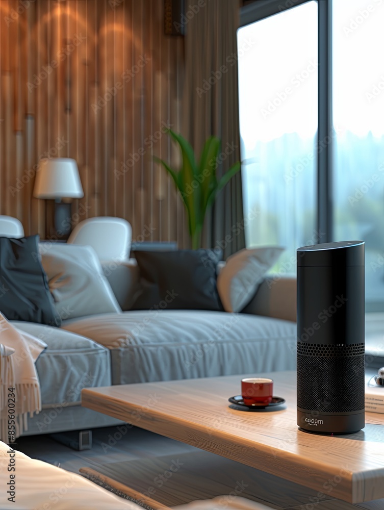 Aufkleber a stylish voice assistant device sits on a coffee table in a modern living room. the background feat