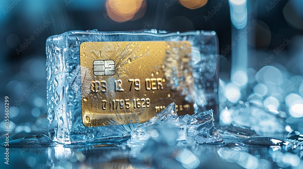 Poster a conceptual image of a credit card frozen within a transparent ice block, highlighting the metaphor