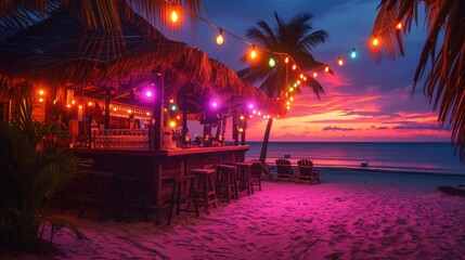 a bar on a beach with palm trees and lights