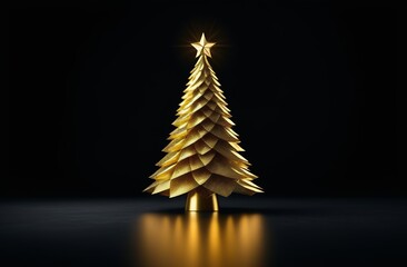 Golden creative Christmas tree with an unusual shiny decor and a star on a black background. The idea of Christmas minimalism, luxurious, rich style, greeting card or invitations