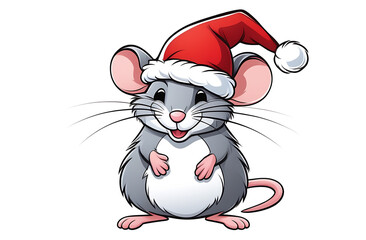 Cartoon illustration, funny mouse in Santa Claus hat smiling on white background, suitable for printing, textiles, festive decoration, greeting card, design with discount for new year and Christmas