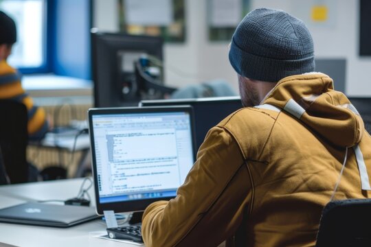 A man sitting in front of a laptop computer, focusing on work, A social engineering expert training employees to recognize phishing attempts
