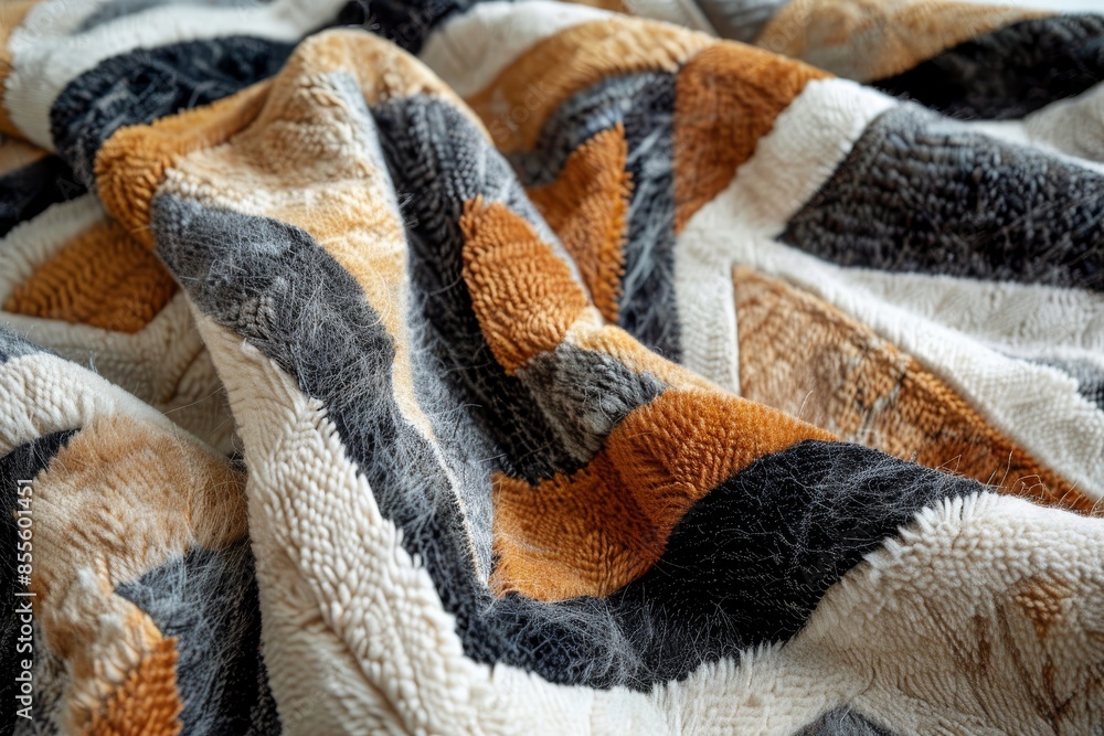 Poster detailed view of a fuzzy blanket showcasing a geometric pattern design, a soft, fuzzy blanket with a