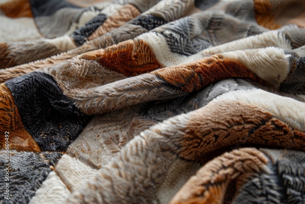 Poster detailed view of a soft fuzzy blanket with a geometric pattern laid neatly on a bed, a soft, fuzzy b