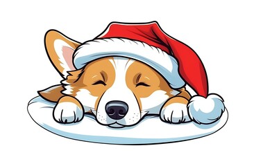 Cartoon illustration, face of sleeping Corgi dog in Santa Claus hat lying on pillow on white background, Christmas or New Year print with animal image, design, decorative element for greeting card