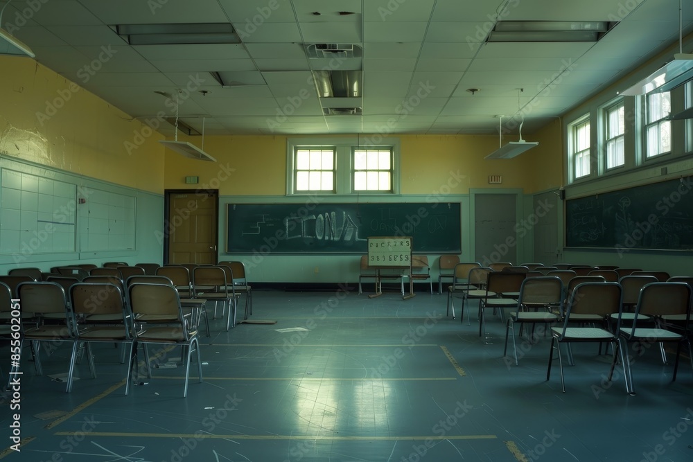 Poster an empty classroom with rows of chairs and a chalkboard in the background, a solitary classroom devo