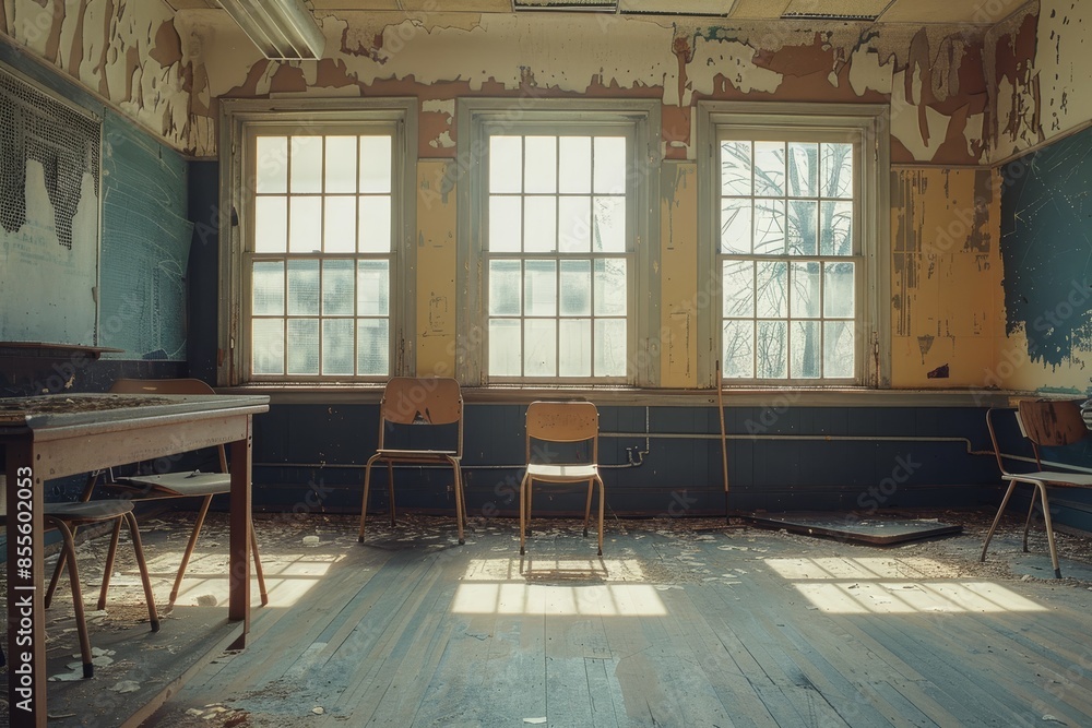 Poster an empty classroom with two chairs and a piano in the corner, a solitary classroom devoid of any sig