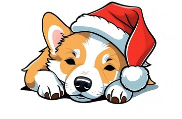 Cartoon illustration, cute face of a sleeping Corgi dog in a Santa Claus hat on a white background, Christmas or New Year print with an animal image, design, decorative element for a greeting card