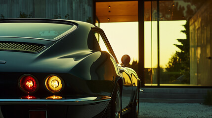 Classic black corvette sting ray reflecting the golden light of sunset